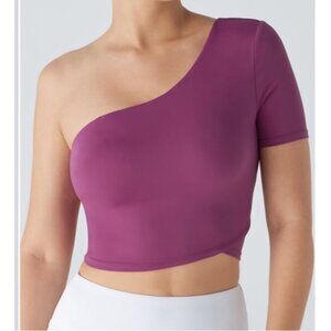 Halara Short Sleeve One Shoulder Crop Top Sz XS Purple Built in Bra